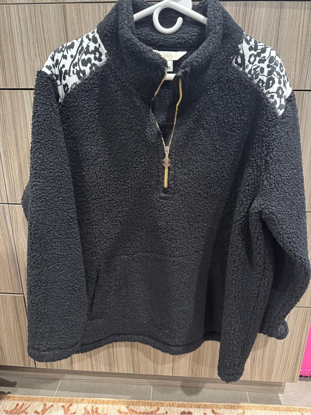 Lilly Pulitzer Black Sherpa Pullover with Leopard Shoulder Panels